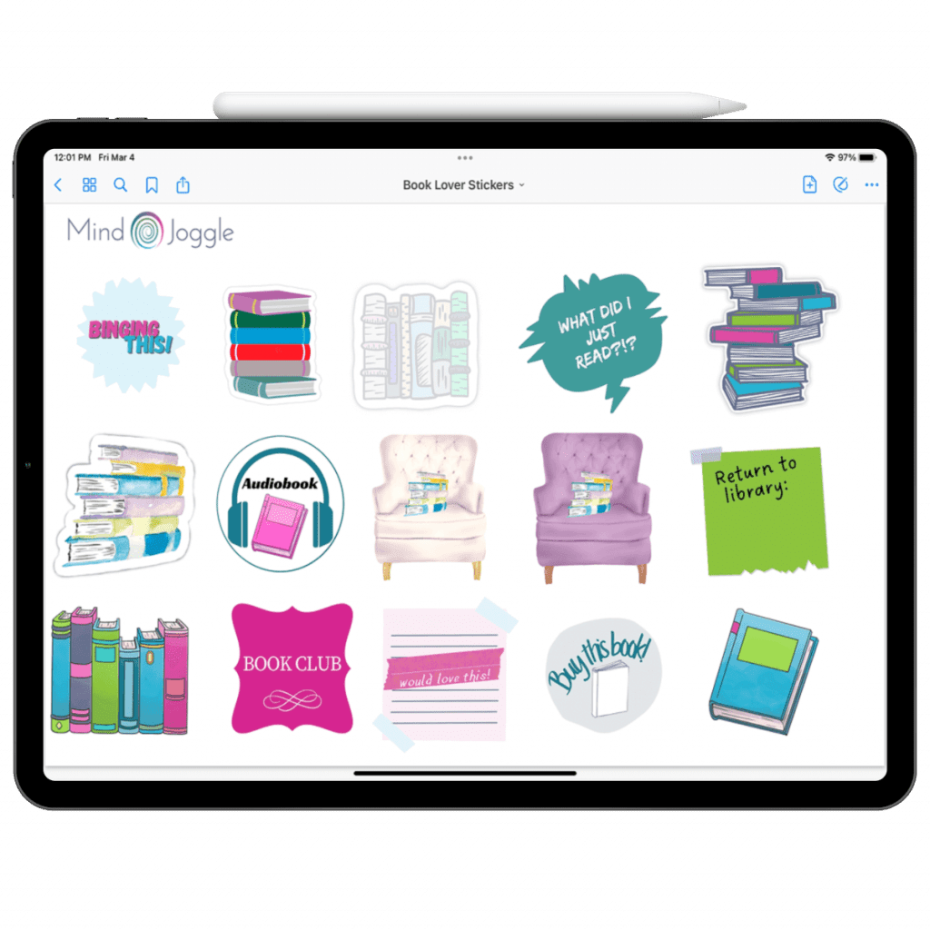 Preview of bookish digital stickers on an iPad
