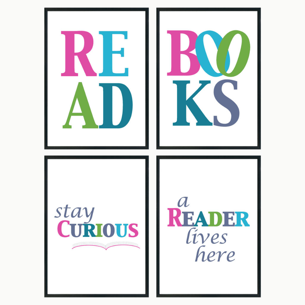 Jewel colored wall art with four panels, including READ, BOOKS, A Reader Lives Here, Stay Curious